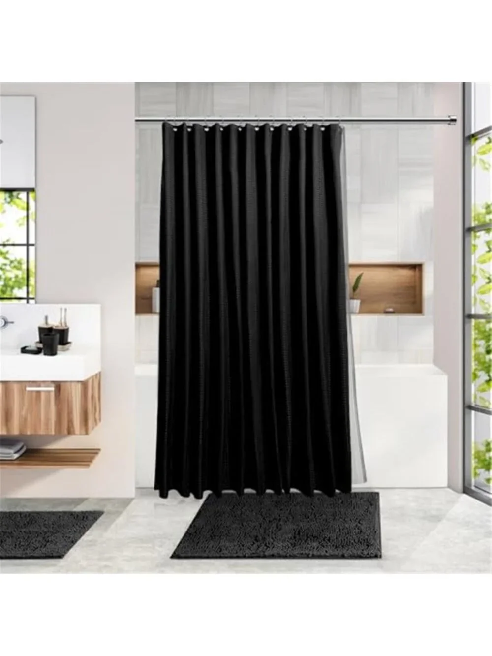Black Bathroom Accessories Set Shower Curtain Bath Rugs Soap Dispenser Trash Can
